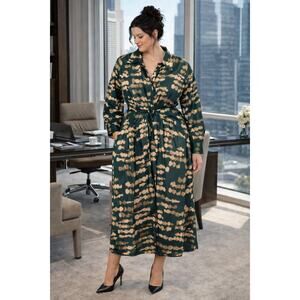 Donna Karan NY Satin Shirt Dress 20W Abstract Green Tan Midi Belted V Neck Glam